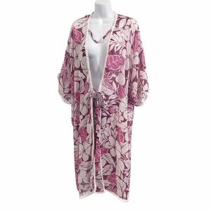 Floral Kimono Robe in Pink and White Pink Tropical Pom-Pom Cover-Up